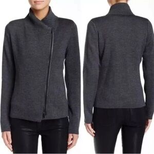 VINCE Gray 100% Wool Asymmetrical‎ Sweater Jacket Leather Sz XS Warm Cozy Zipper